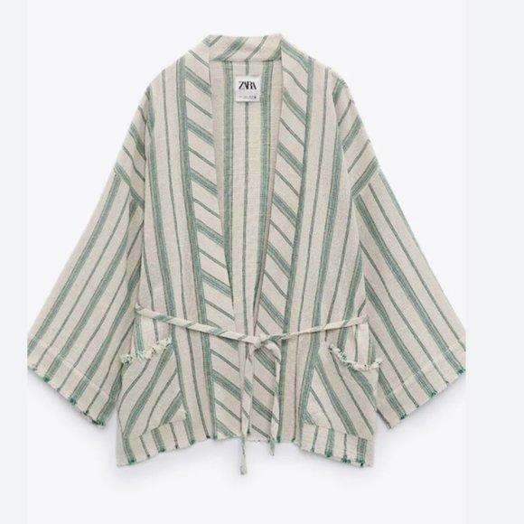 Zara Woman Cotton The Beth Rustic Kimono Jacket Striped Pockets Tie Belt Size S - Picture 3 of 16
